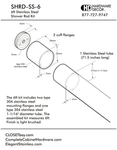 Straight Shower Rod, 1 1/16 diameter Stainless 6ft