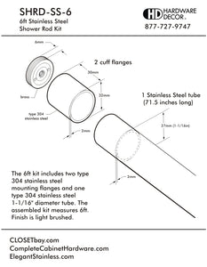 Straight Shower Rod, 1 1/16 diameter Dull Chrome 5ft